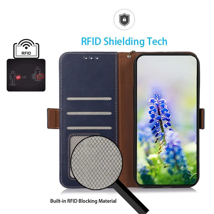 For Samsung Galaxy S26 Ultra Case RFID Blocking Genuine Cow Leather Wallet Phone Cover - Blue - 4