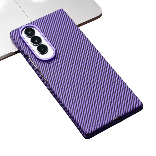 For Samsung Galaxy Z Fold3 5G Magnetic Case Carbon Fiber Texture PC Phone Cover with Tempered Glass Film - Purple - 1