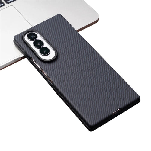 For Samsung Galaxy Z Fold4 5G Magnetic Case Carbon Fiber Texture PC Phone Cover with Tempered Glass Film - Black - 1