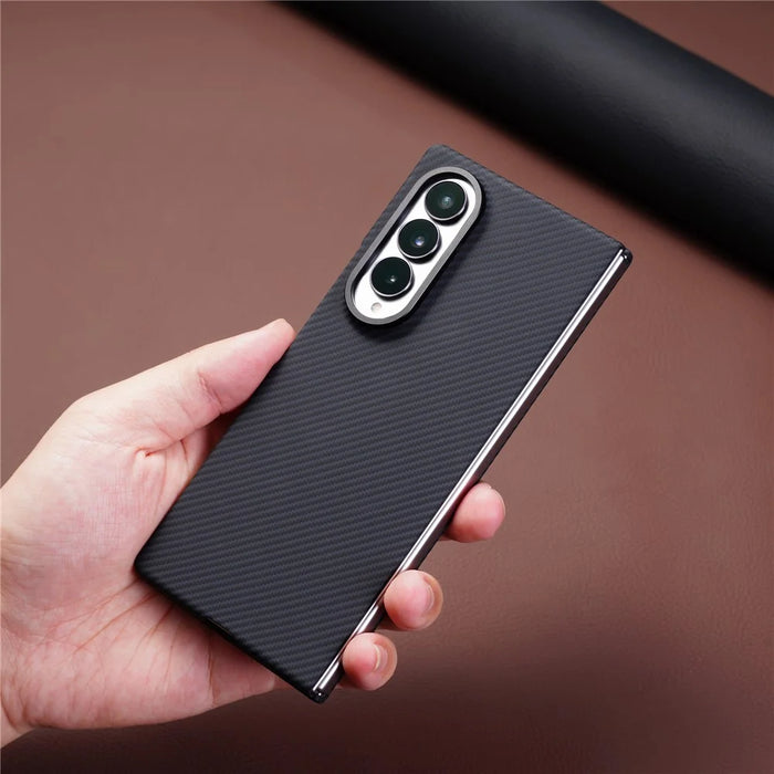 For Samsung Galaxy Z Fold4 5G Magnetic Case Carbon Fiber Texture PC Phone Cover with Tempered Glass Film - Black - 5