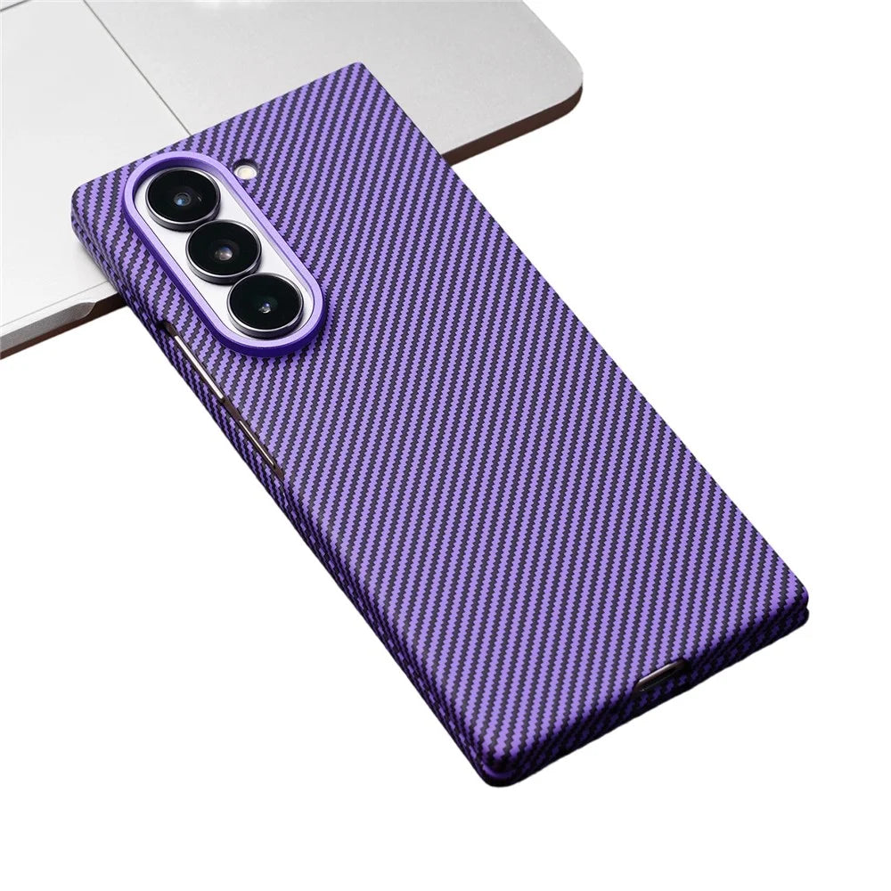 For Samsung Galaxy Z Fold6 5G Magnetic Case Carbon Fiber Texture PC Phone Cover with Tempered Glass Film - Purple - 1
