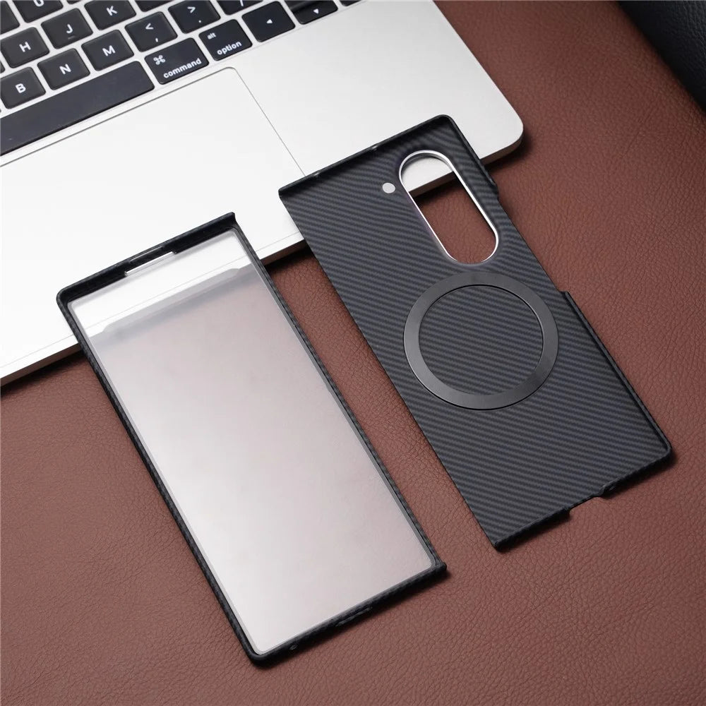For Samsung Galaxy Z Fold6 5G Magnetic Case Carbon Fiber Texture PC Phone Cover with Tempered Glass Film - Purple - 7