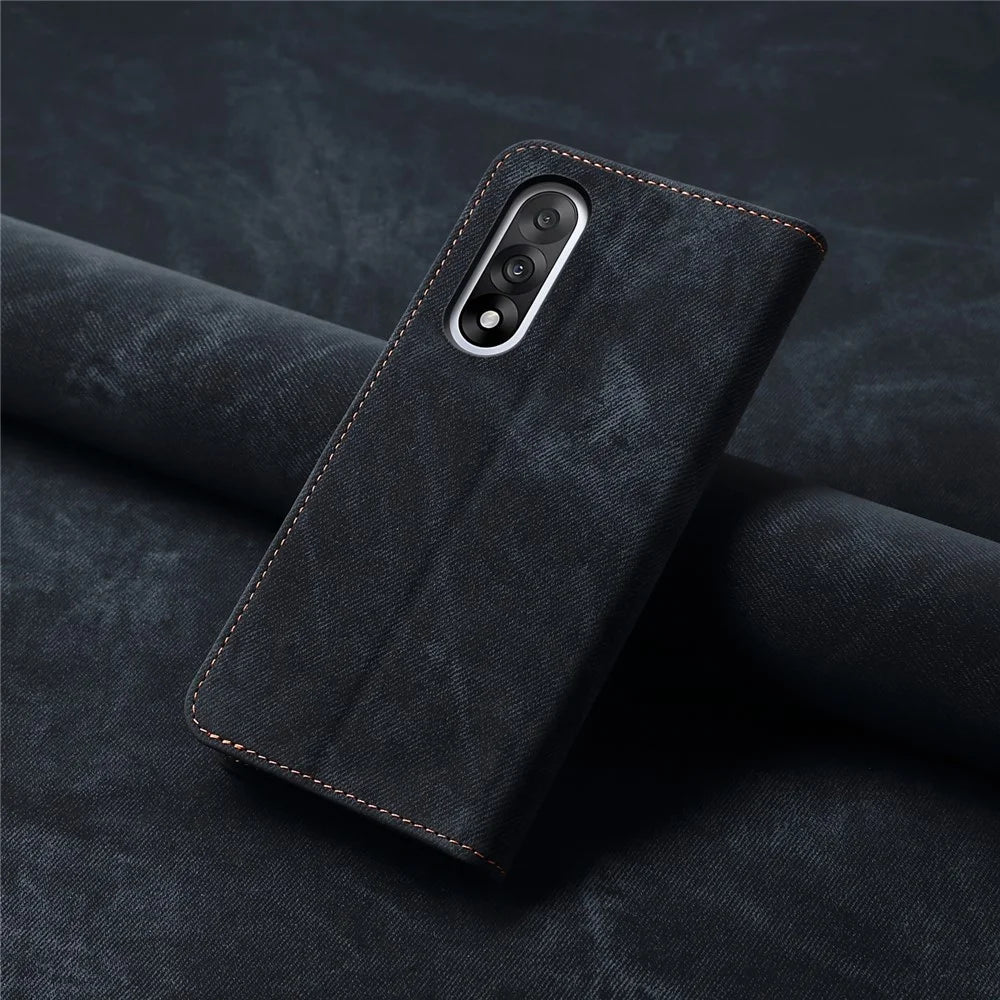 For OnePlus Nord 5 5G / Ace 5 Ultra 5G Case Jeans Cloth Texture Anti-Scratch Leather Stand Phone Cover - Black - 7