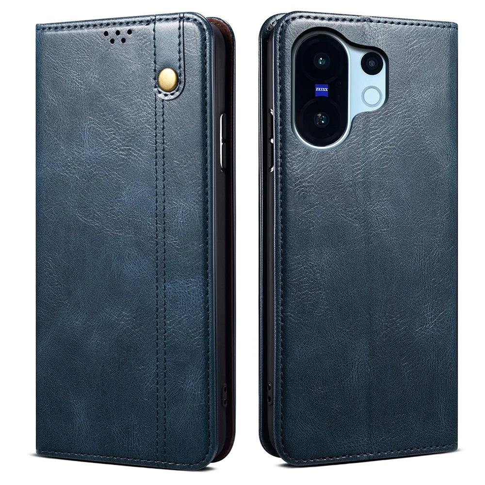 For vivo X200 FE 5G Case Crazy Horse Texture Waxy Leather Wallet Stand Phone Cover - Blue - 1