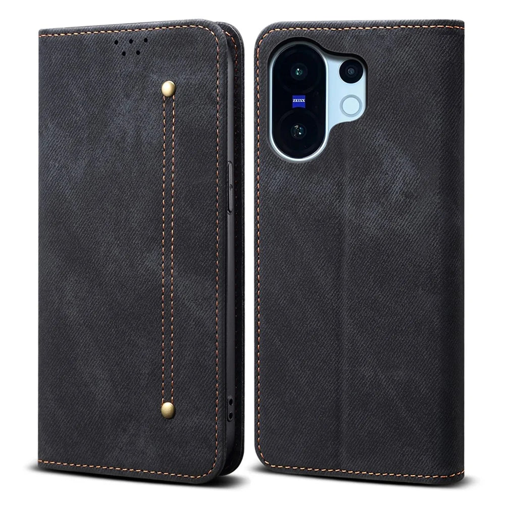 For vivo X200 FE 5G Case Jeans Cloth Texture Anti-Scratch Leather Stand Phone Cover - Black - 1