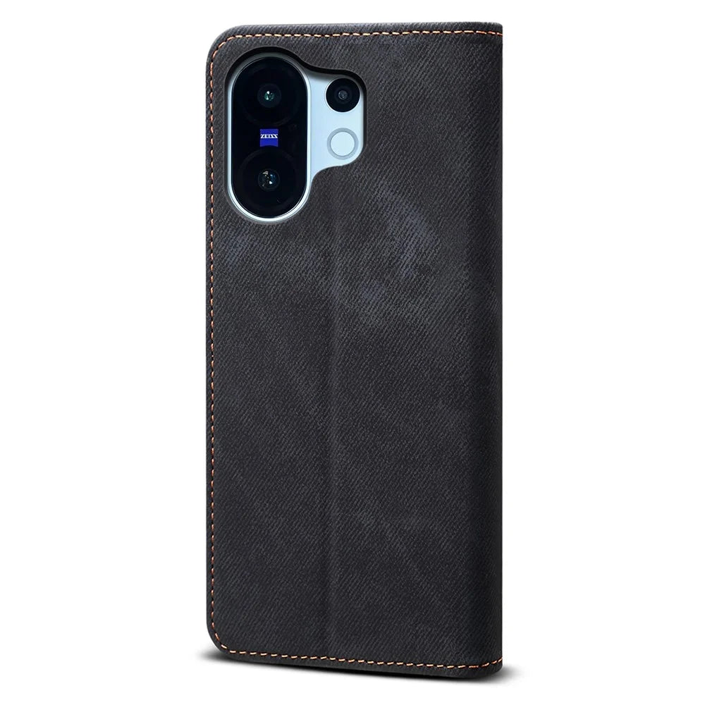 For vivo X200 FE 5G Case Jeans Cloth Texture Anti-Scratch Leather Stand Phone Cover - Black - 6