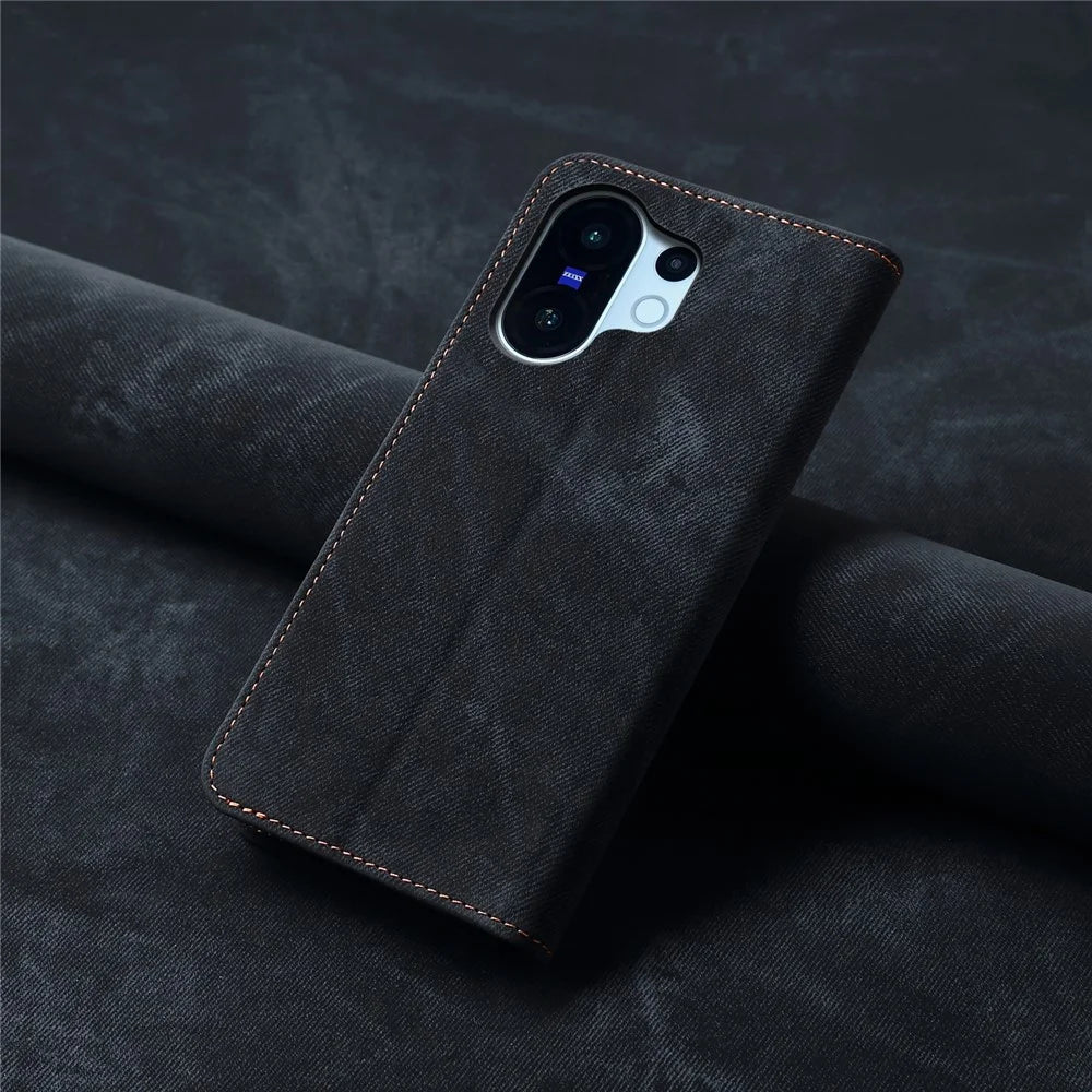 For vivo X200 FE 5G Case Jeans Cloth Texture Anti-Scratch Leather Stand Phone Cover - Black - 7