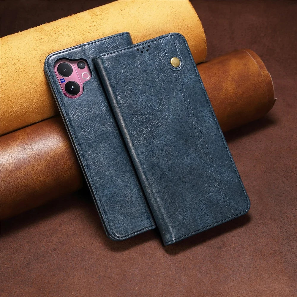 For vivo V60 5G  /  T4 Pro Case Crazy Horse Texture Waxy Leather Wallet Stand Phone Cover - Blue - 7