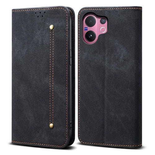 For vivo V60 5G  /  T4 Pro Case Jeans Cloth Texture Anti-Scratch Leather Stand Phone Cover - Black - 1