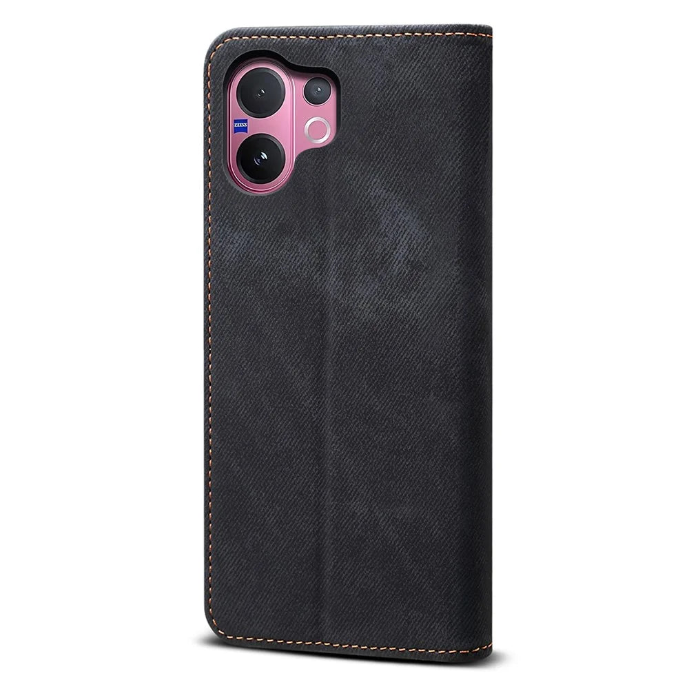 For vivo V60 5G  /  T4 Pro Case Jeans Cloth Texture Anti-Scratch Leather Stand Phone Cover - Black - 6