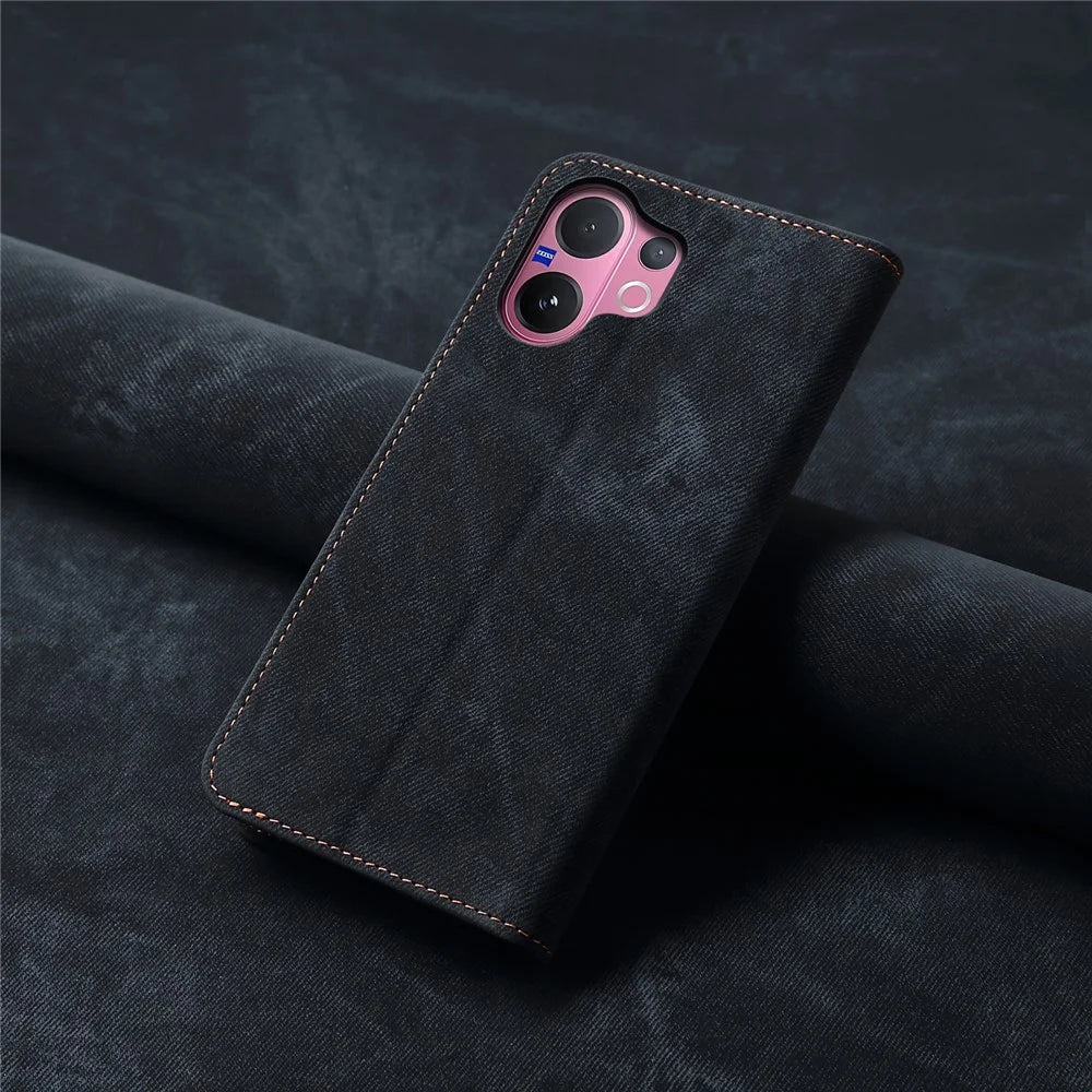 For vivo V60 5G  /  T4 Pro Case Jeans Cloth Texture Anti-Scratch Leather Stand Phone Cover - Black - 7
