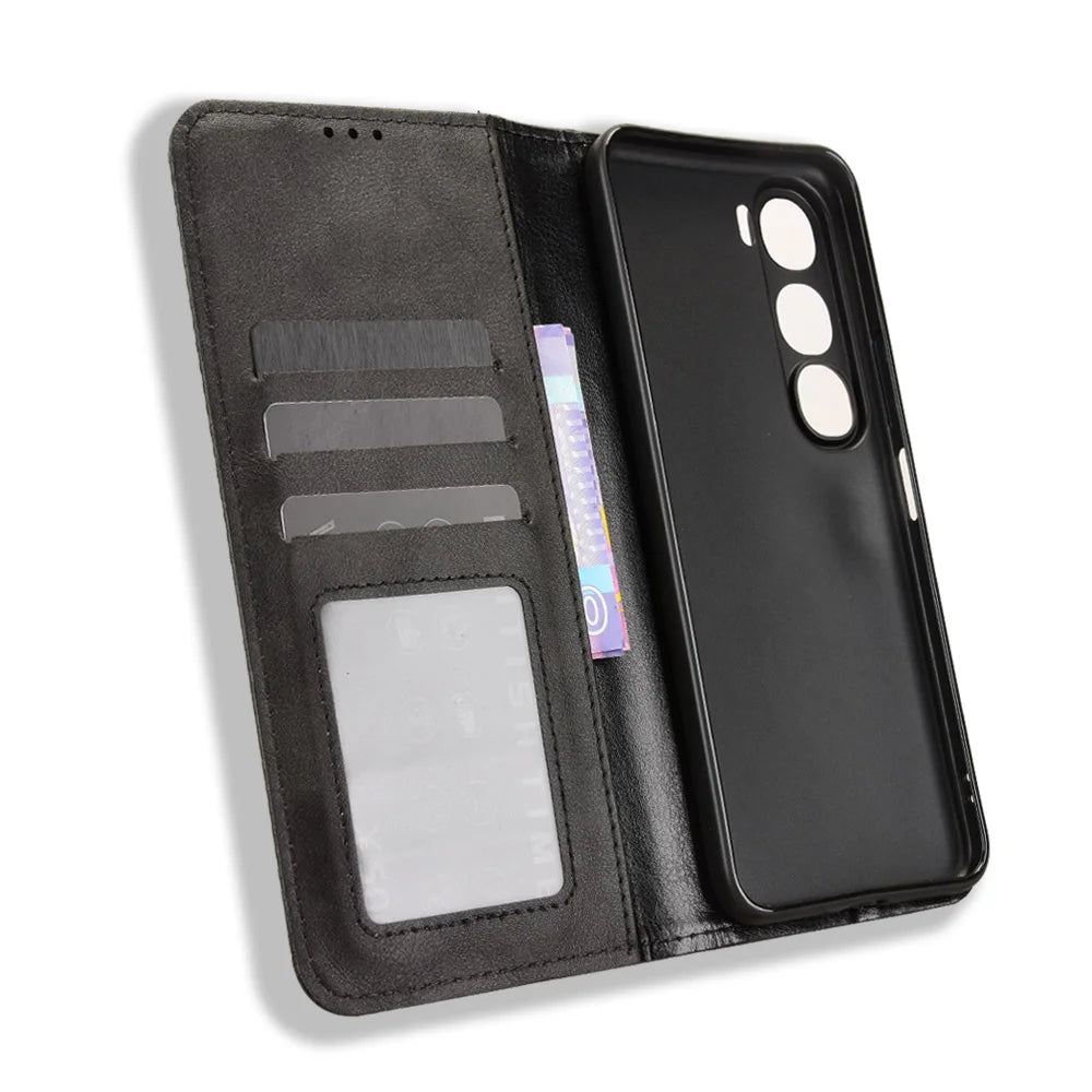 For vivo Y21d / vivo Y31 5G Leather Case Wallet Stand Retro Texture Phone Cover - Black - 5