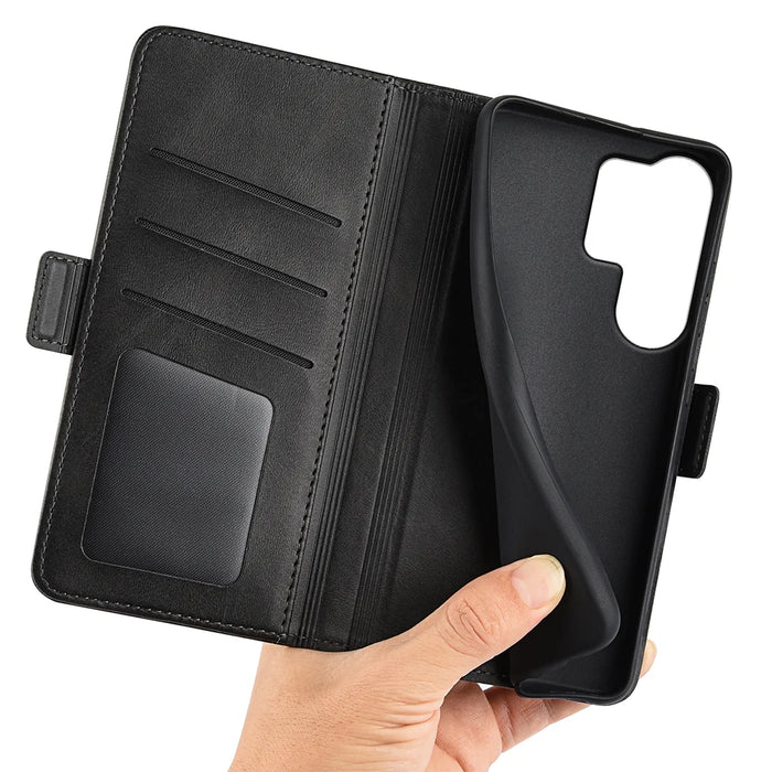 For Samsung Galaxy S26 Ultra Case Calf Texture Leather Wallet Phone Cover - Black - 6