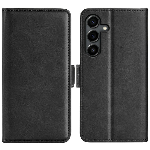 For Samsung Galaxy S25 FE Case Calf Texture Leather Wallet Phone Cover - Black - 1