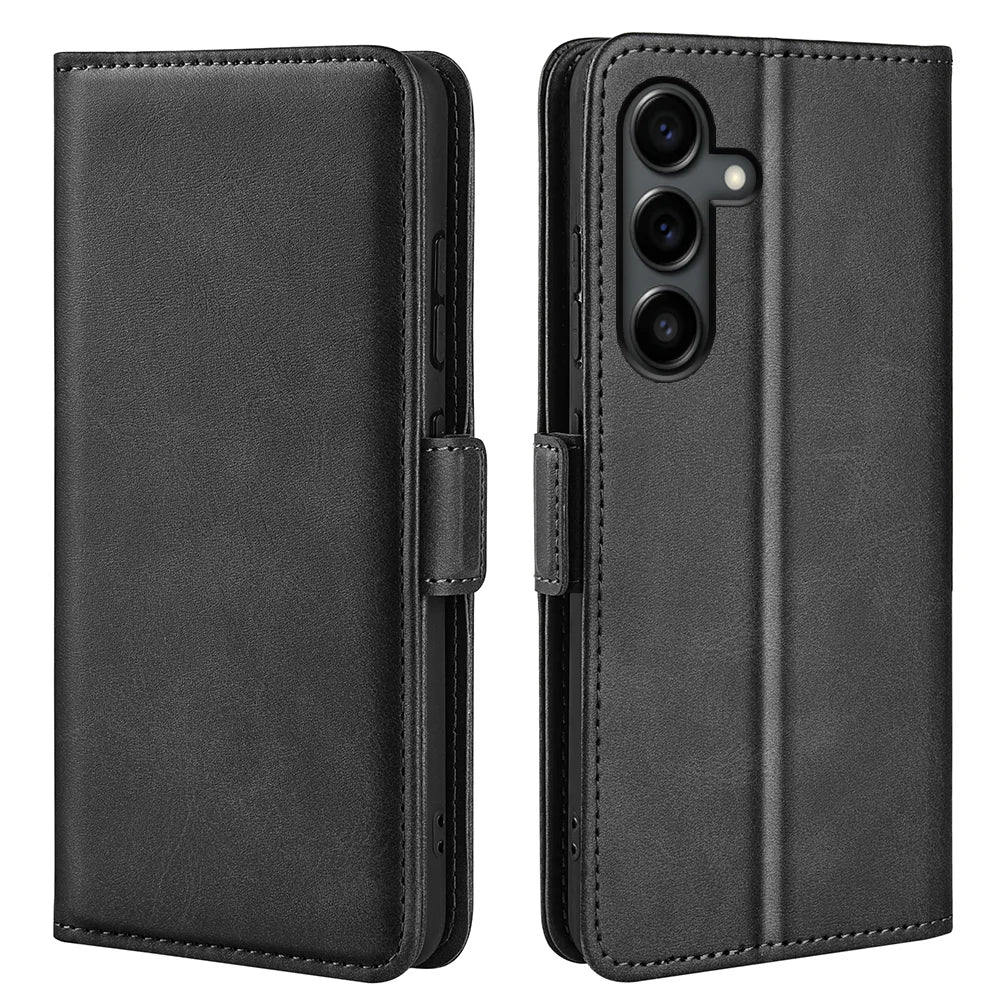 For Samsung Galaxy S25 FE Case Calf Texture Leather Wallet Phone Cover - Black - 4