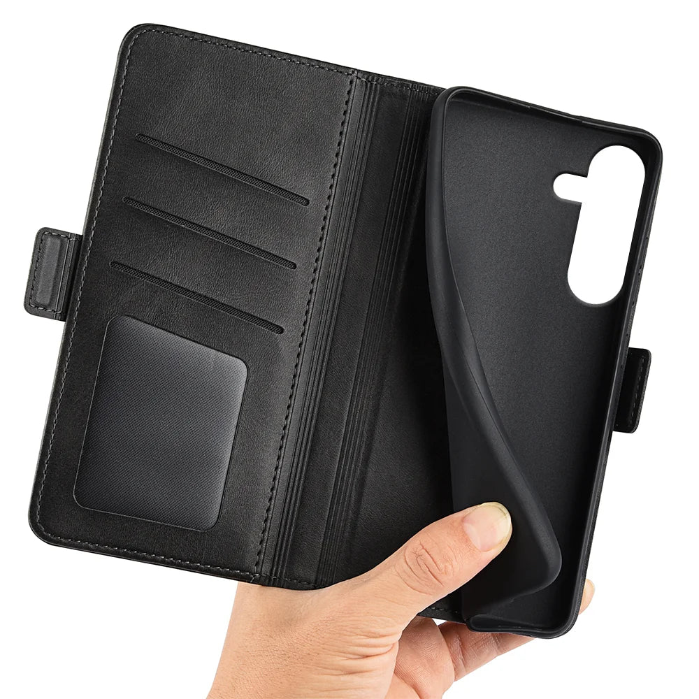 For Samsung Galaxy S25 FE Case Calf Texture Leather Wallet Phone Cover - Black - 5