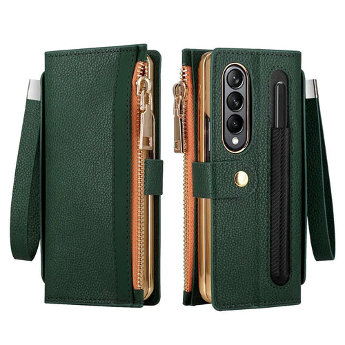 For Samsung Galaxy Z Fold4 5G RFID Blocking PU Leather Zipper Wallet Phone Case Button Closure Stand Cover with Grip Strap and Wrist Strap - Green - 1