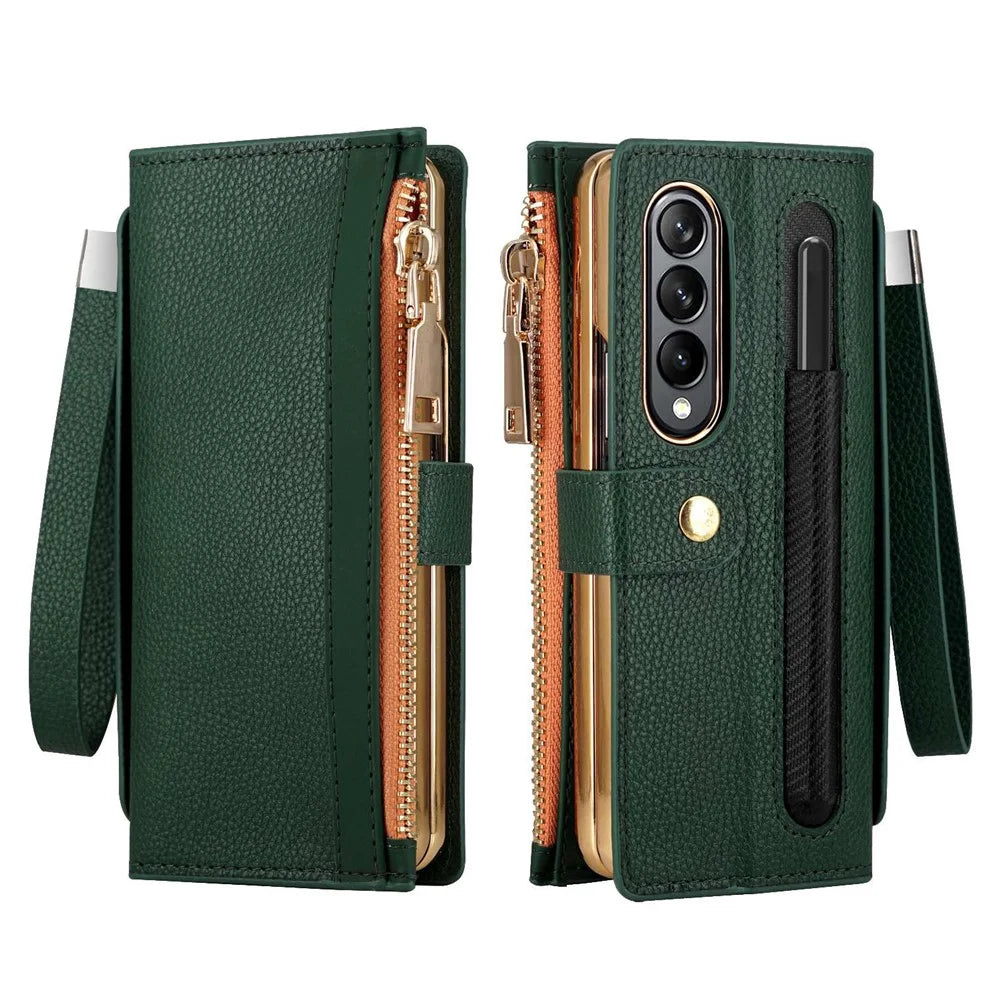 For Samsung Galaxy Z Fold4 5G RFID Blocking PU Leather Zipper Wallet Phone Case Button Closure Stand Cover with Grip Strap and Wrist Strap - Green - 1