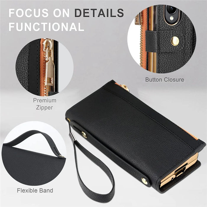 For Samsung Galaxy Z Fold4 5G RFID Blocking PU Leather Zipper Wallet Phone Case Button Closure Stand Cover with Grip Strap and Wrist Strap - Green - 4