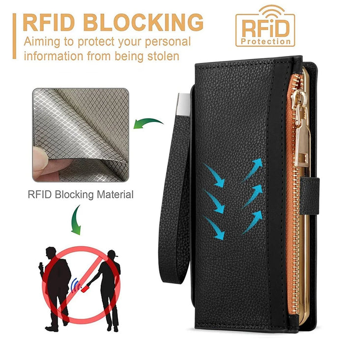 For Samsung Galaxy Z Fold4 5G RFID Blocking PU Leather Zipper Wallet Phone Case Button Closure Stand Cover with Grip Strap and Wrist Strap - Green - 5