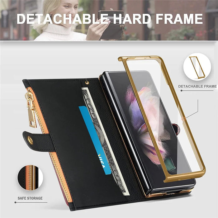 For Samsung Galaxy Z Fold4 5G RFID Blocking PU Leather Zipper Wallet Phone Case Button Closure Stand Cover with Grip Strap and Wrist Strap - Green - 6