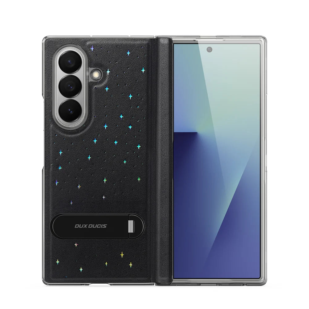 DUX DUCIS For Samsung Galaxy Z Fold7 5G Case  STEX Series Kickstand Star Pattern PU Leather Back Cover with Tempered Glass Film - Black - 2
