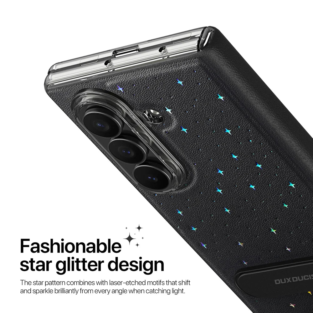 DUX DUCIS For Samsung Galaxy Z Fold7 5G Case  STEX Series Kickstand Star Pattern PU Leather Back Cover with Tempered Glass Film - Black - 3