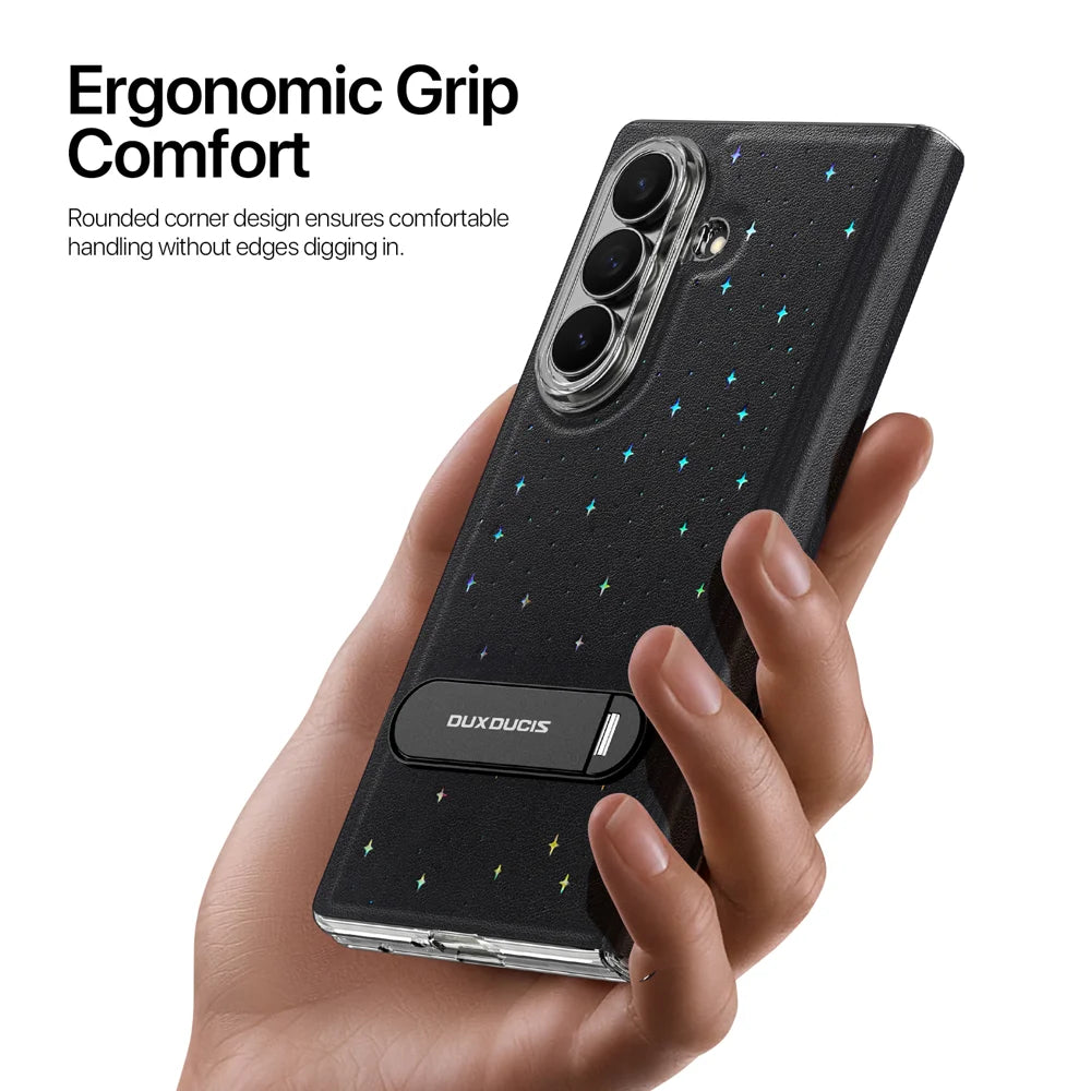DUX DUCIS For Samsung Galaxy Z Fold7 5G Case  STEX Series Kickstand Star Pattern PU Leather Back Cover with Tempered Glass Film - Black - 4