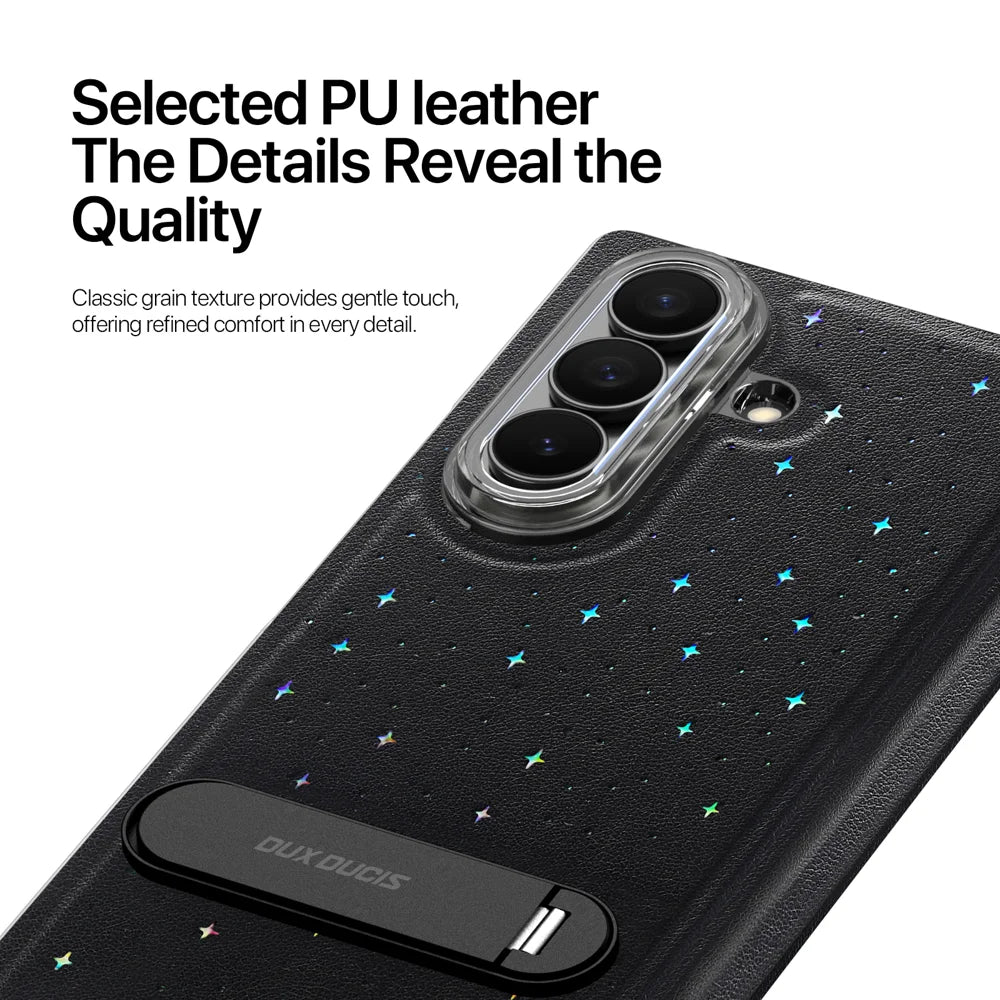 DUX DUCIS For Samsung Galaxy Z Fold7 5G Case  STEX Series Kickstand Star Pattern PU Leather Back Cover with Tempered Glass Film - Black - 6