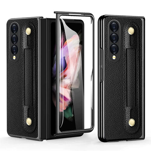 For Samsung Galaxy Z Fold3 5G Roman Series PU Leather Coated PC Cover Retractable Wristband Folding Phone Case with Tempered Glass Film - Black - 1