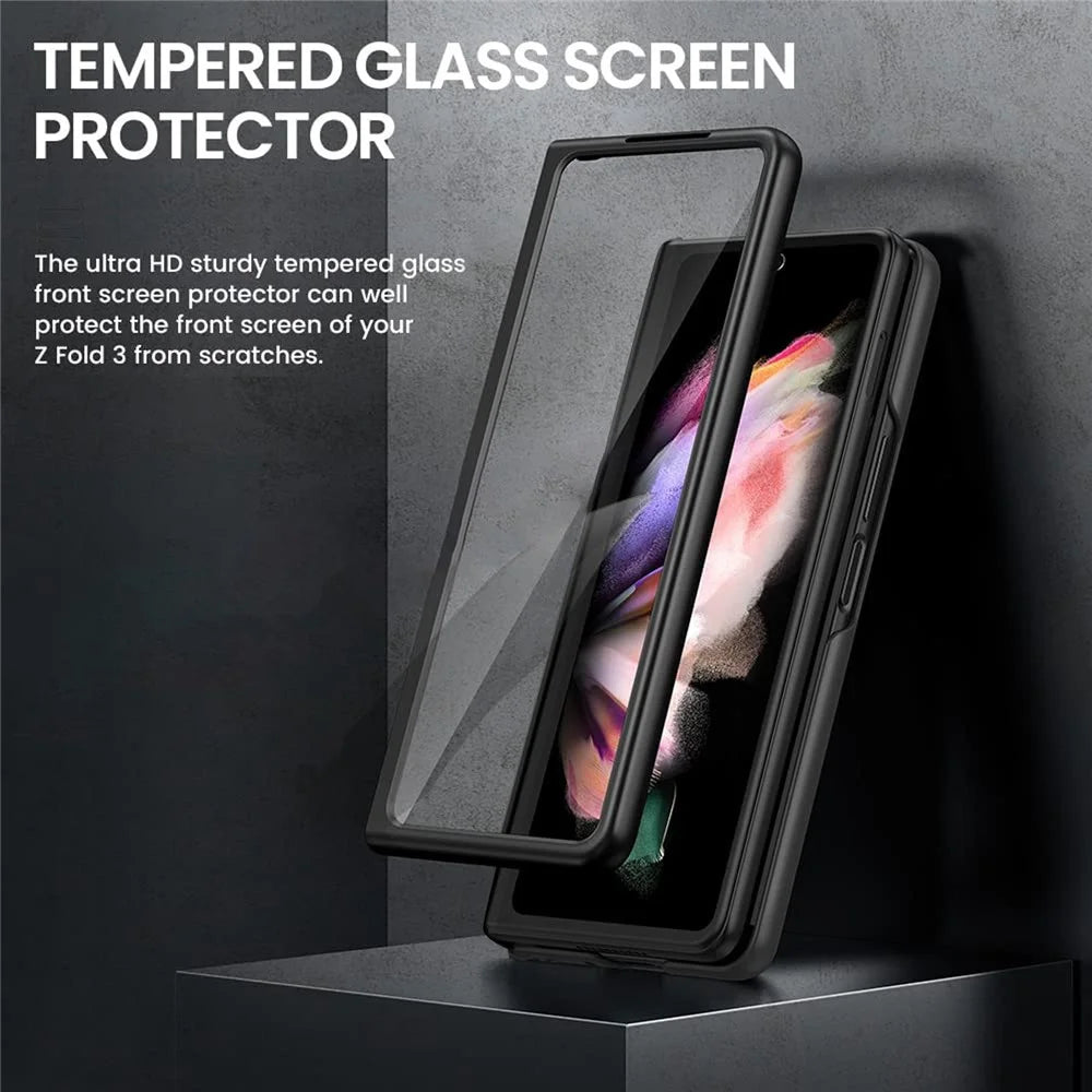 For Samsung Galaxy Z Fold3 5G Roman Series PU Leather Coated PC Cover Retractable Wristband Folding Phone Case with Tempered Glass Film - Black - 2