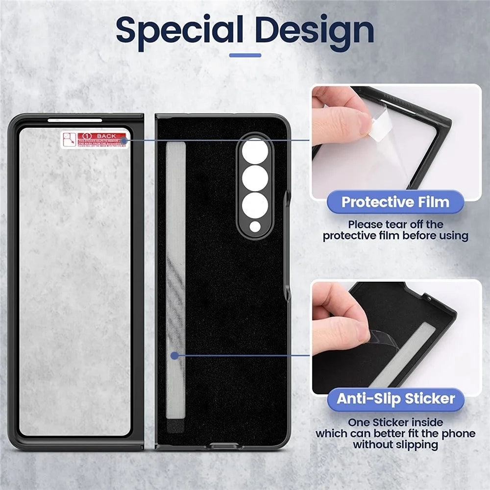 For Samsung Galaxy Z Fold3 5G Roman Series PU Leather Coated PC Cover Retractable Wristband Folding Phone Case with Tempered Glass Film - Black - 3