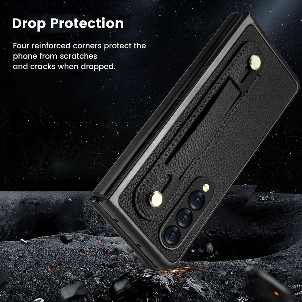 For Samsung Galaxy Z Fold3 5G Roman Series PU Leather Coated PC Cover Retractable Wristband Folding Phone Case with Tempered Glass Film - Black - 4