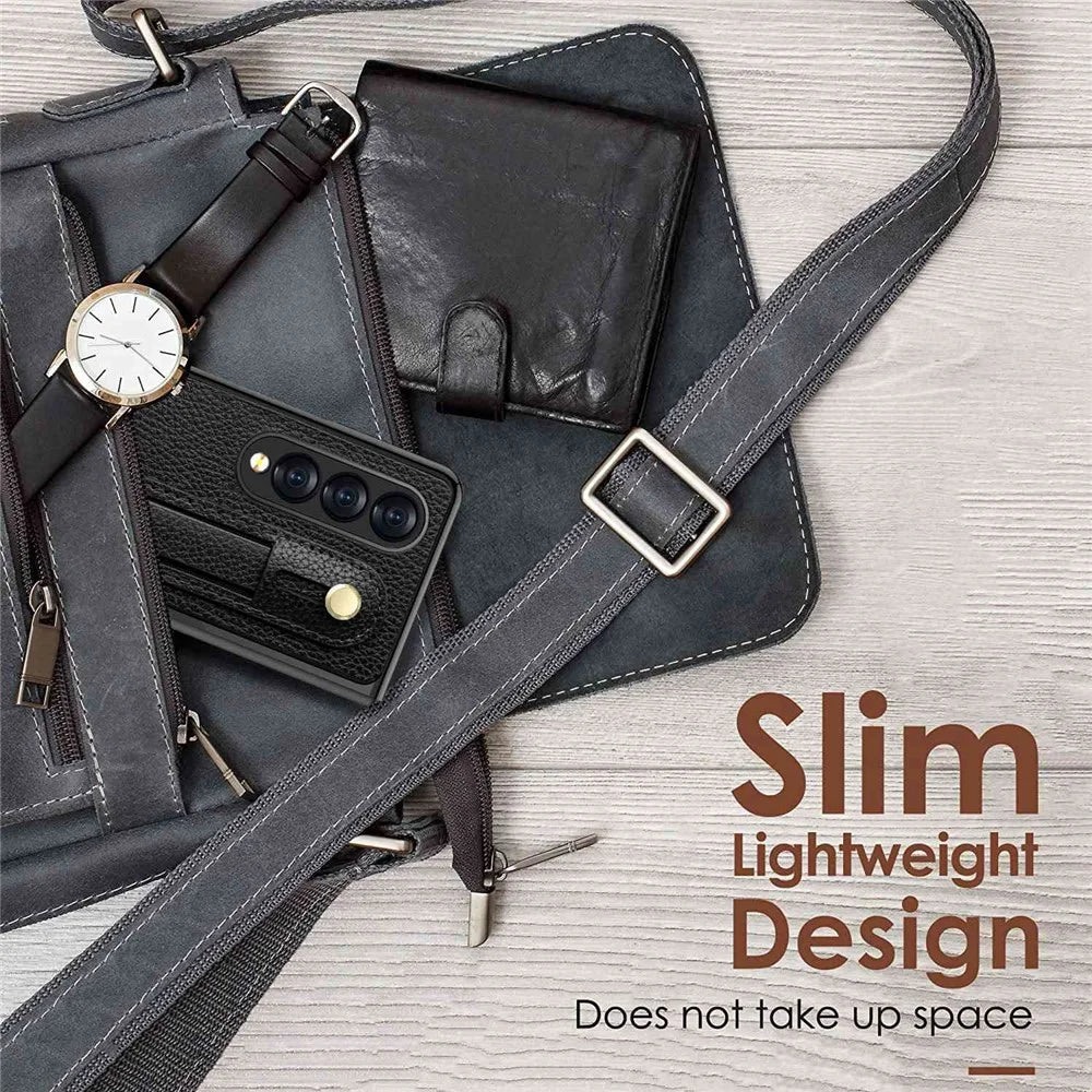 For Samsung Galaxy Z Fold3 5G Roman Series PU Leather Coated PC Cover Retractable Wristband Folding Phone Case with Tempered Glass Film - Black - 5