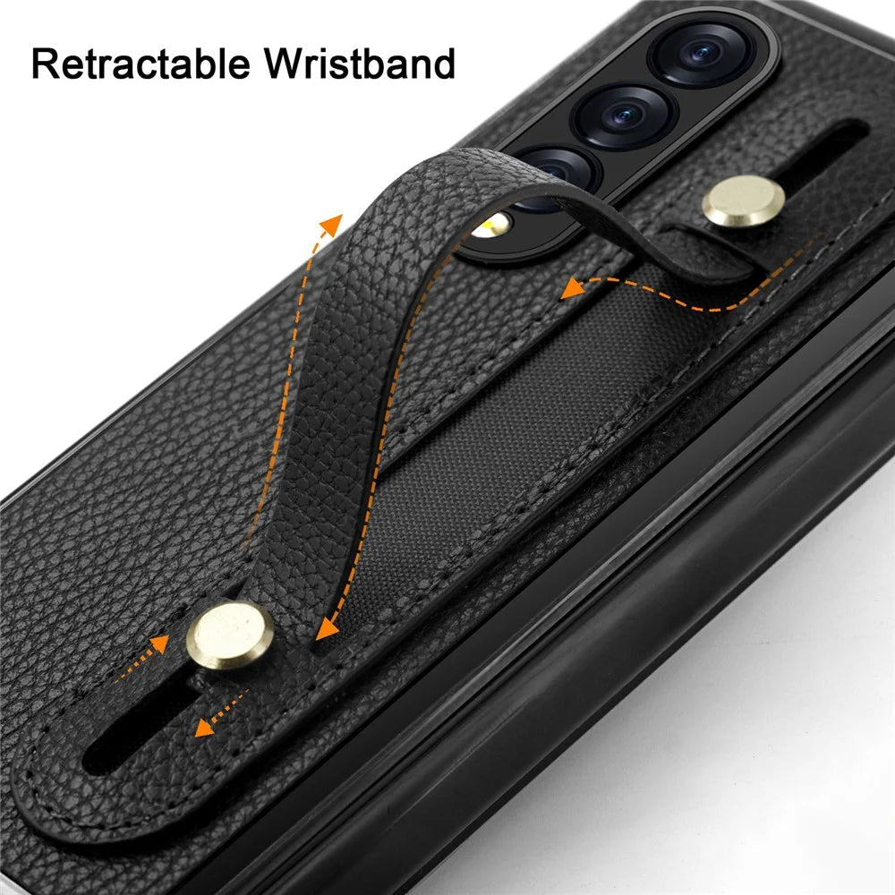For Samsung Galaxy Z Fold3 5G Roman Series PU Leather Coated PC Cover Retractable Wristband Folding Phone Case with Tempered Glass Film - Black - 6