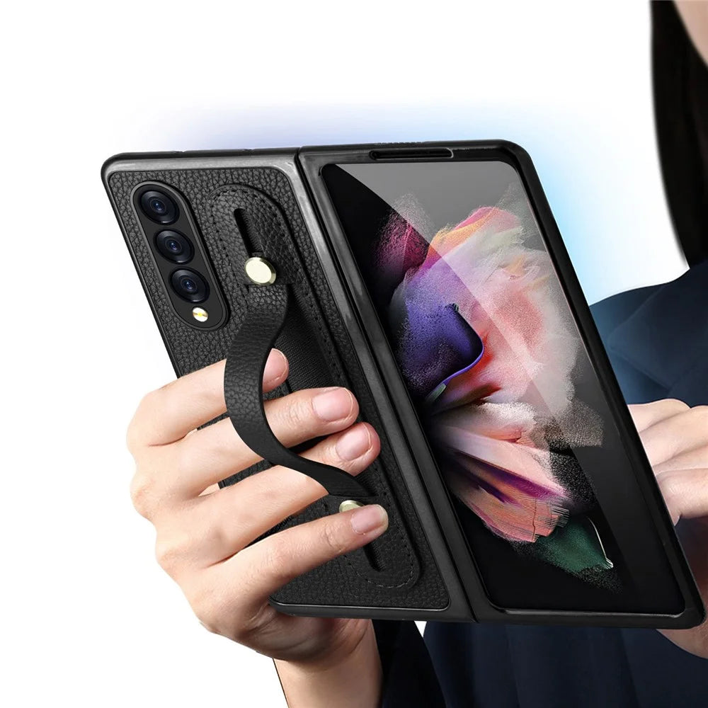 For Samsung Galaxy Z Fold3 5G Roman Series PU Leather Coated PC Cover Retractable Wristband Folding Phone Case with Tempered Glass Film - Black - 7