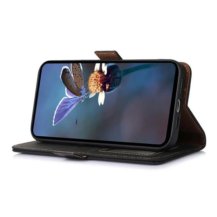 For Samsung Galaxy S26 Wallet Case Anti-Drop Genuine Cow Leather Phone Cover RFID Blocking - Black - 3