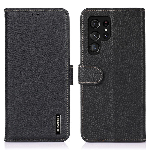 KHAZNEH For Samsung Galaxy S26 Ultra Case Genuine Cow Leather Flip Phone Cover - Black - 1