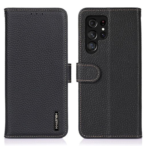 KHAZNEH For Samsung Galaxy S26 Ultra Case Genuine Cow Leather Flip Phone Cover - Black - 1