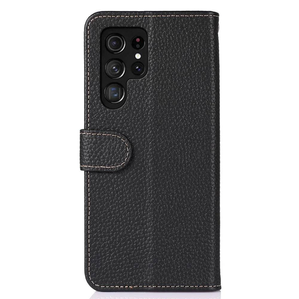 KHAZNEH For Samsung Galaxy S26 Ultra Case Genuine Cow Leather Flip Phone Cover - Black - 7