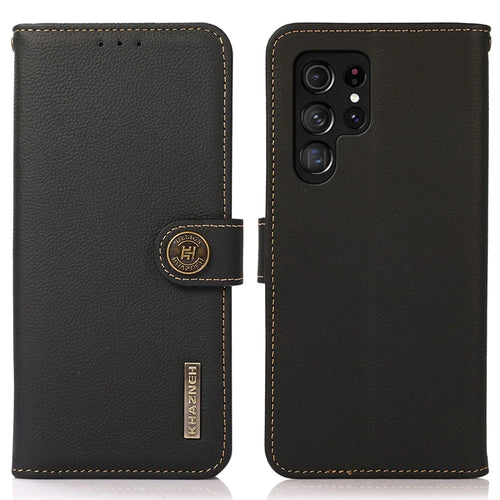 KHAZNEH for Samsung Galaxy S26 Ultra Case Genuine Cow Leather RFID Blocking Wallet Phone Cover - Black - 1