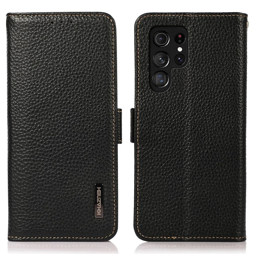 KHAZNEH for Samsung Galaxy S26 Ultra Phone Case Genuine Cow Leather Cover RFID Blocking - Black - 1