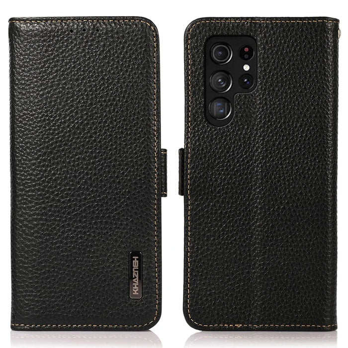KHAZNEH for Samsung Galaxy S26 Ultra Phone Case Genuine Cow Leather Cover RFID Blocking - Black - 1