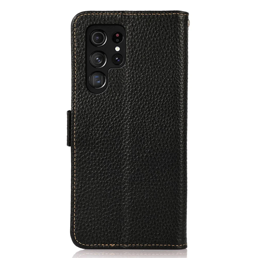 KHAZNEH for Samsung Galaxy S26 Ultra Phone Case Genuine Cow Leather Cover RFID Blocking - Black - 7