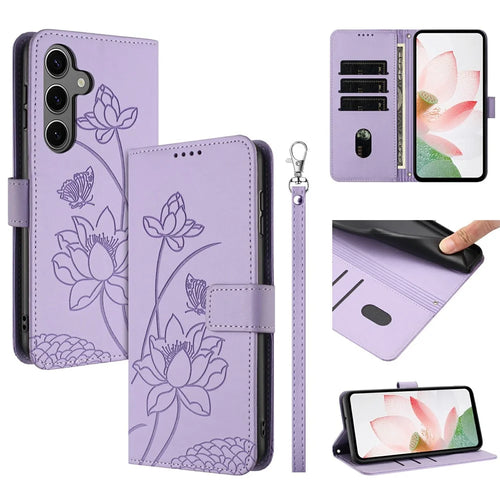 For Samsung Galaxy S25  /  S24 Case Wallet Stand Lotus Imprint Leather Phone Cover with Wrist Strap - Purple - 1