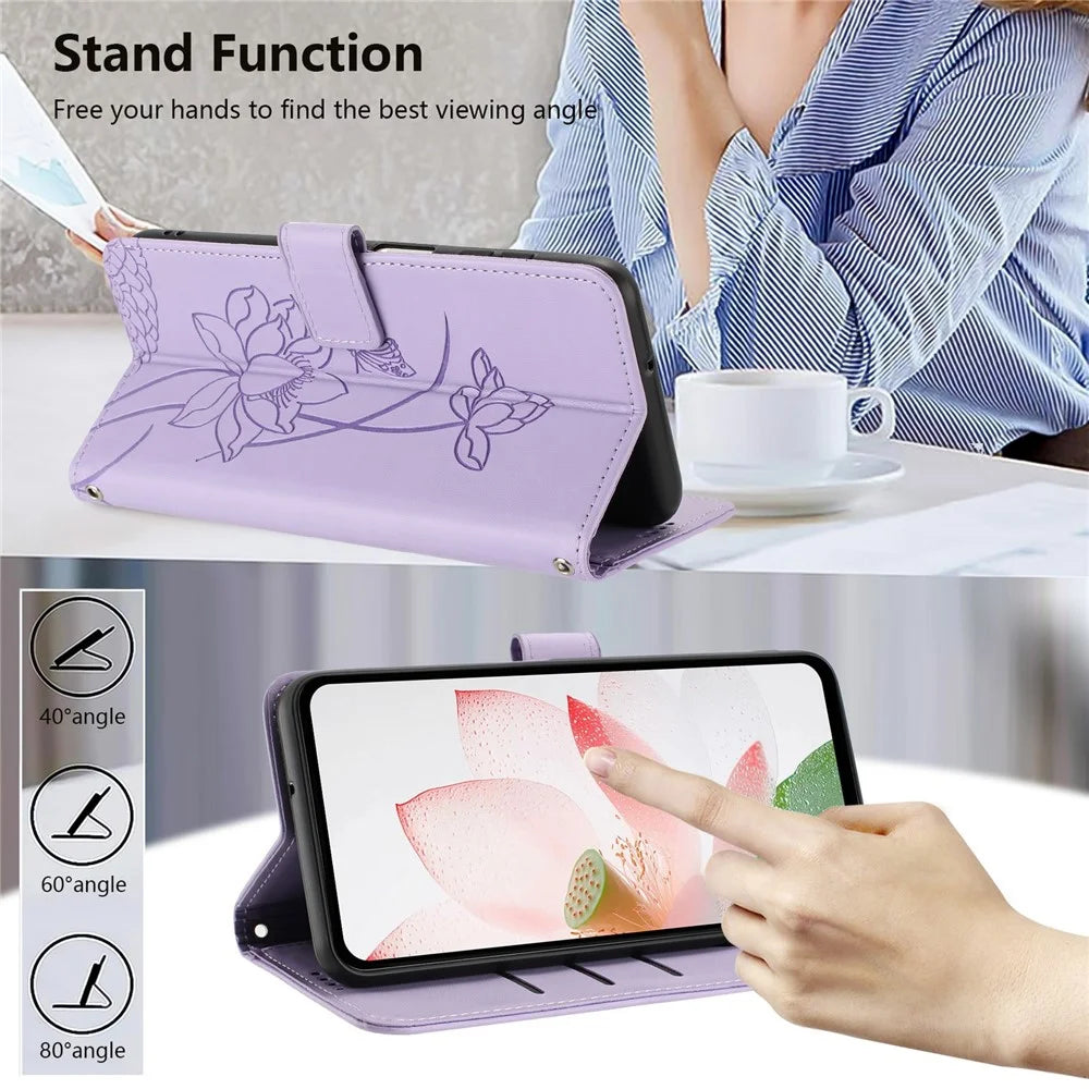 For Samsung Galaxy S25  /  S24 Case Wallet Stand Lotus Imprint Leather Phone Cover with Wrist Strap - Purple - 5
