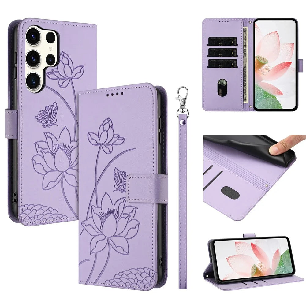 For Samsung Galaxy S25 Ultra Case Wallet Stand Lotus Imprint Leather Phone Cover with Wrist Strap - Purple - 1