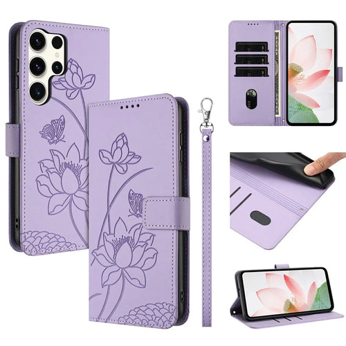 For Samsung Galaxy S25 Ultra Case Wallet Stand Lotus Imprint Leather Phone Cover with Wrist Strap - Purple - 1