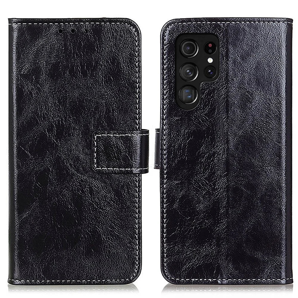 For Samsung Galaxy S26 Ultra Case Wallet Leather Phone Cover Crazy Horse Texture - Black - 1