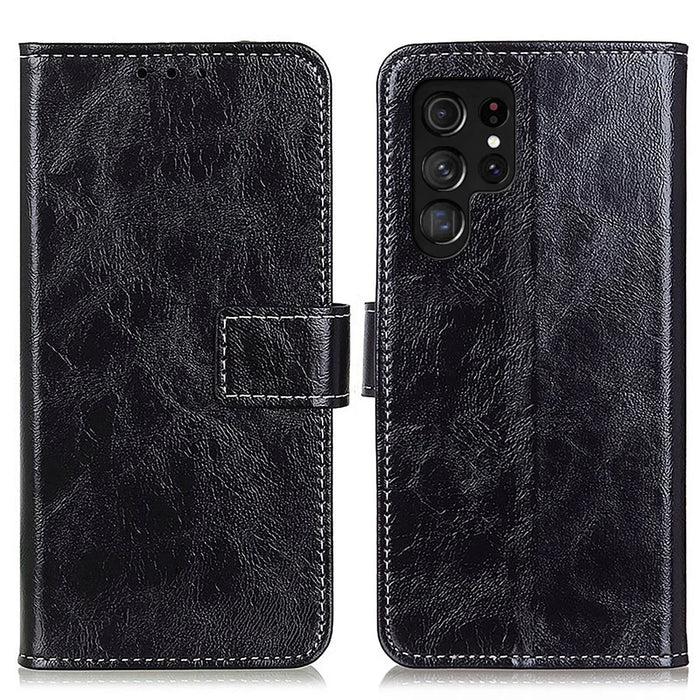 For Samsung Galaxy S26 Ultra Case Wallet Leather Phone Cover Crazy Horse Texture - Black - 1